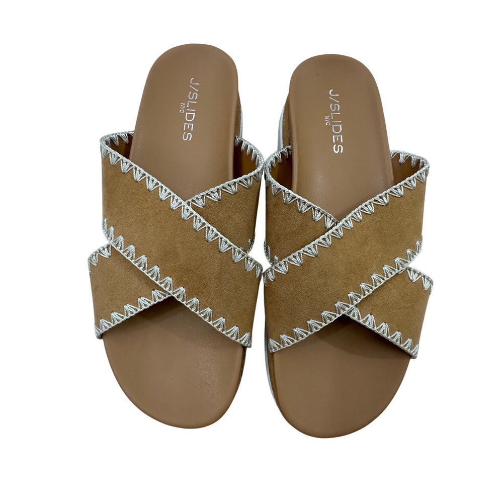 J/Slides‎ NYC Womens 10M Tan Whipstitch Crisscross Platform Slide Sandals Camel